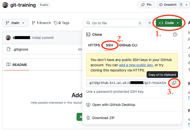 A screenshot demonstrating how to copy the SSH URL of the repository on GitHub.